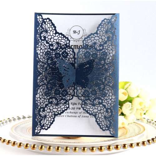 Dark-blue Laser Invitation Card Marriage Invitation Butterfly Pattern